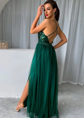 Beverly | A Line Long Green Prom Dress With V - neck Sequin Slit - Green - PromDressClub